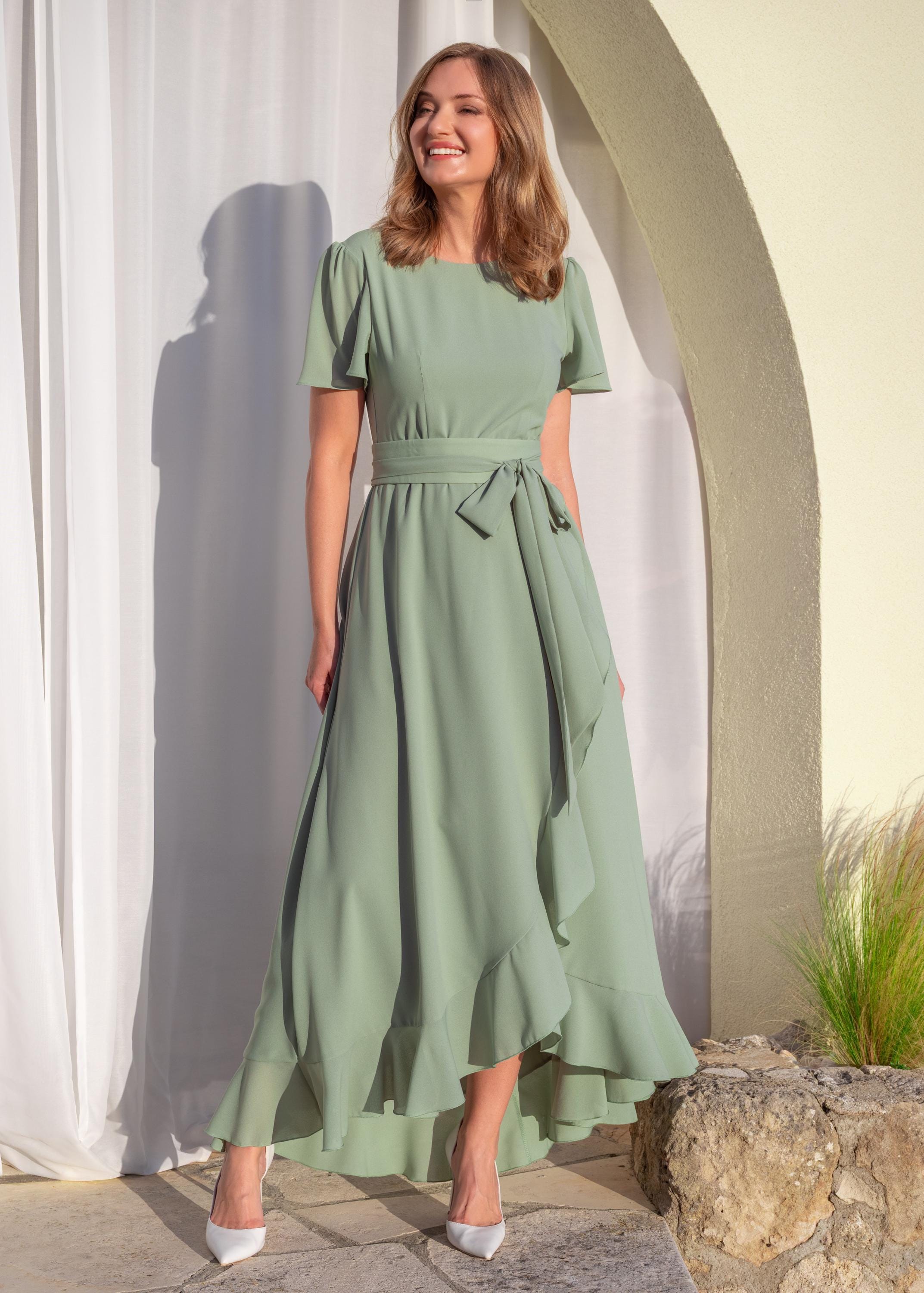 Chiffon Dress | Sage Green Ruffle Dress with Belt | Bridesmaid Dress | Wedding Guest Dress | Elegant Special Occasion Dress | Custom Made