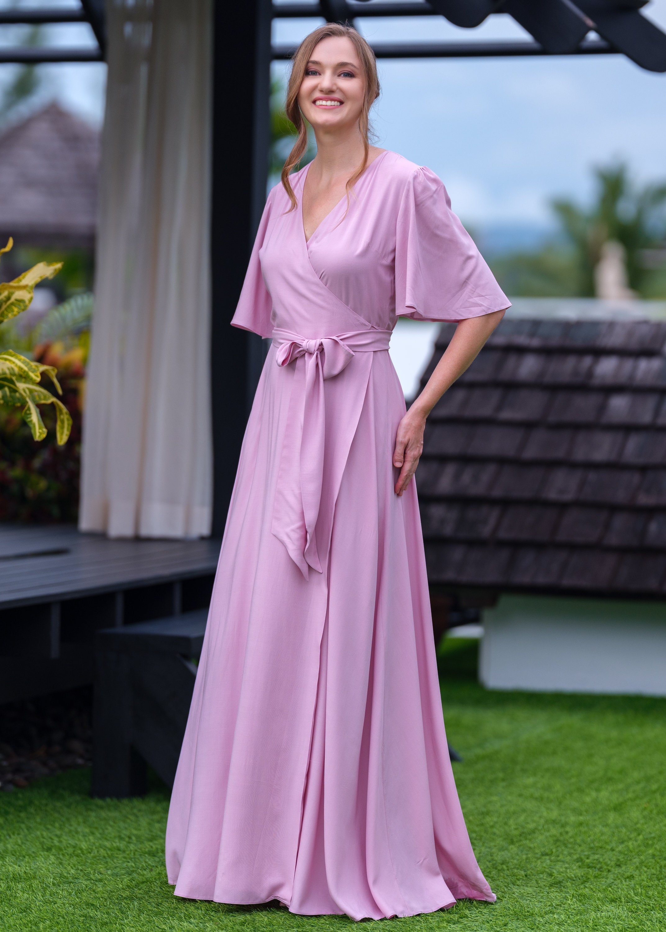 Rose pink romantic wrap dress, bridesmaids dress, maxi dress, long dress, wedding guest dress, formal dress, evening summer dress
