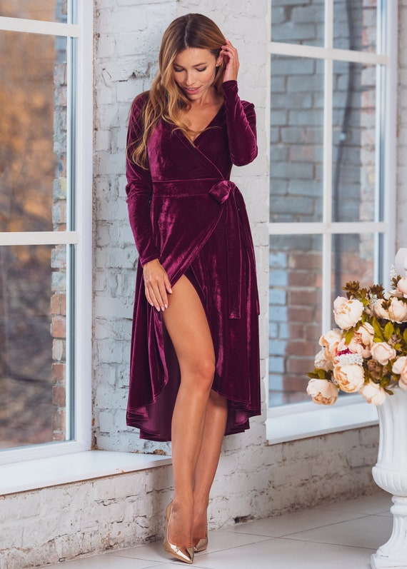 Women Maroon Velvet Front Slit Maxi Dress