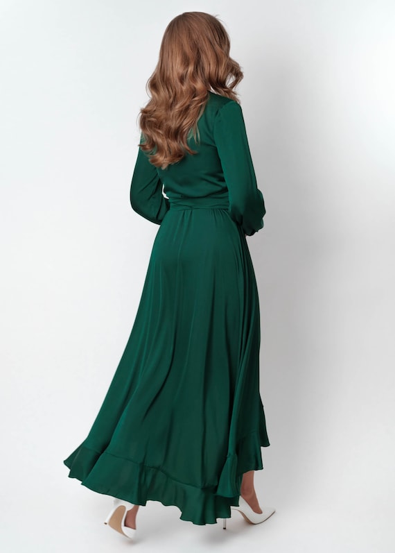 Dark green dress, silk dress, wrap dress, bridesmaid dress, wedding guest dress, women dress, maxi dress, evening dress,long dress,plus size Dark green dress, silk dress, wrap dress, bridesmaid dress, wedding guest dress, women dress, maxi dress, evening dress,long dress,plus size