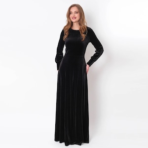 Black velvet long dress, bridesmaid velvet dress, wedding guest dress, velvet gown, velvet slit dress, maxi dress, evening dress