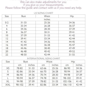 May include: A size chart for women's clothing with measurements in inches and centimetres. The chart includes sizes from XS to 7XL and lists bust, waist, and hip measurements for each size.