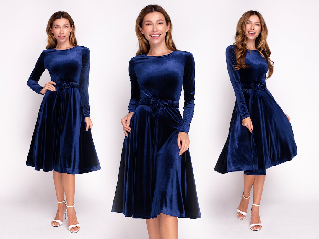 Navy Blue Velvet Dress With Belt, Christmas Velvet Dress, Evening Dress