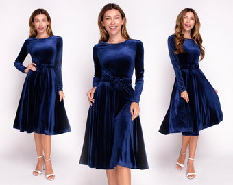 Velvet Midi Dress in Navy Blue with Bow Belt and long sleeve: Holiday Party, Christmas, Fall Winter outfit