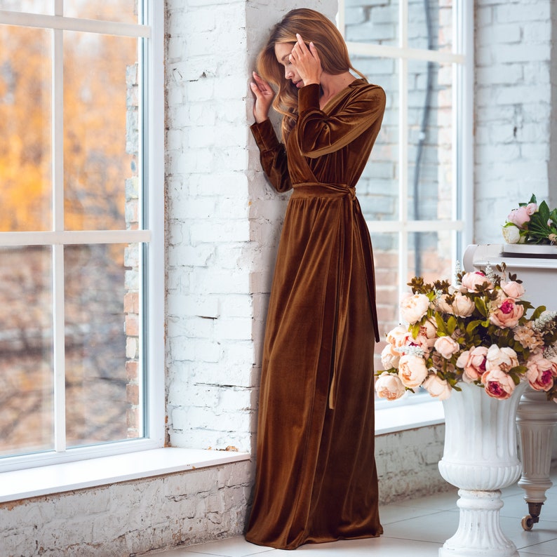 Rust gold velvet long wrap dress, bridesmaid velvet dress, wedding dress, velvet bridesmaid dress, New Year dress, maxi dress,evening dress image 8