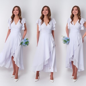 White chiffon bridesmaid dress, wedding guest dress, bridesmaids dress, chiffon wrap dress, evening dress, formal chiffon dress