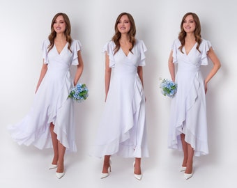 Vestido de dama de honor de gasa blanca, vestido de invitada de boda, vestido de damas de honor, vestido cruzado de gasa, vestido de noche, vestido formal de gasa