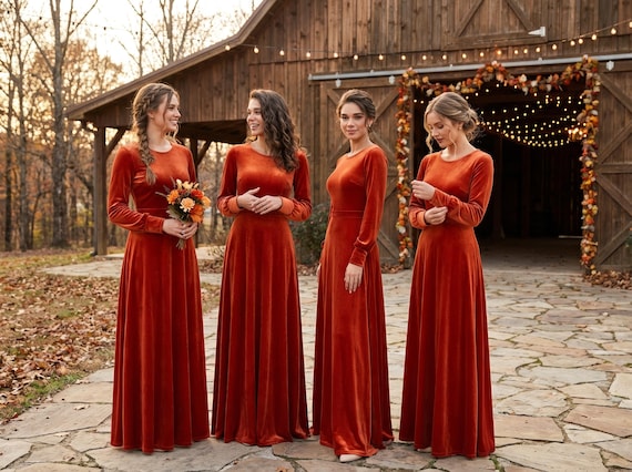 Rust Orange Velvet Maxi Dress: Elegant Long Sleeve Gown, Fall Wedding Guest, Modest Bridesmaid Rust Orange Velvet Maxi Dress: Elegant Long Sleeve Gown, Fall Wedding Guest, Modest Bridesmaid