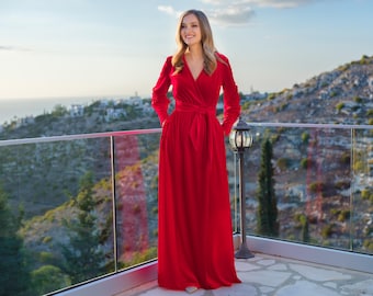 Vestido longo de veludo vermelho com mangas compridas: Feito sob medida, Vestido de noite, Vestido para convidada de Natal e casamento, Vestido envelope