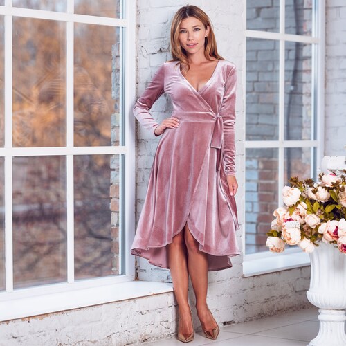 Mauve Velvet Wrap Dress Evening Dress 