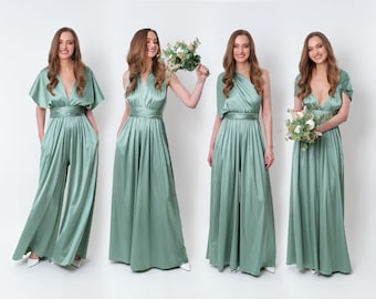 Sage green infinity jumpsuit, silk jumpsuit, bridesmaid jumpsuit, multi wrap multiway convertible jumpsuit, bridesmaid dress