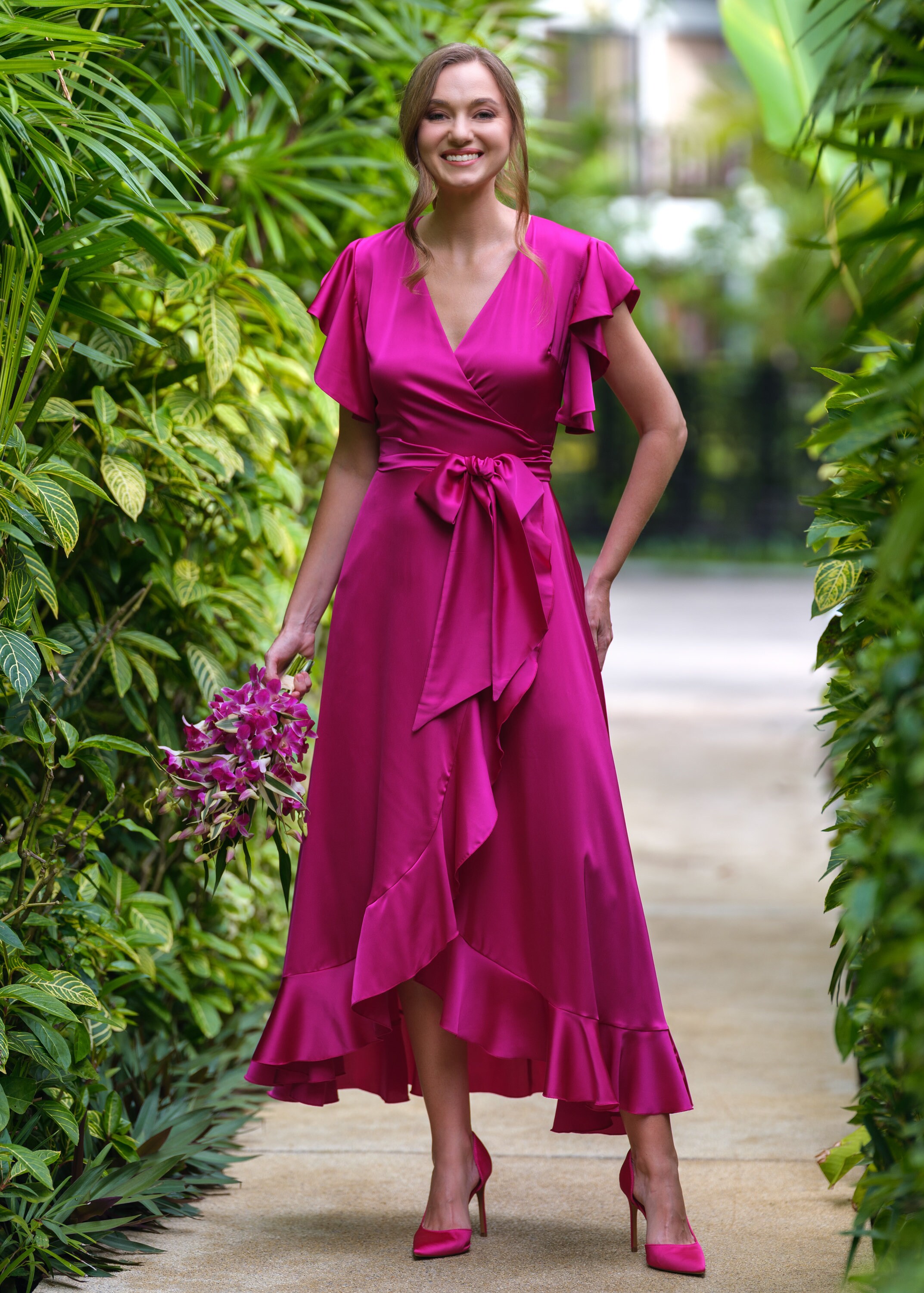 faux wrap bridesmaid dress Dessy Collection Faux Wrap Split Sleeve Dress Size M Cabernet Bridesmaid 3107