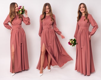 Rosewood long slit dress with belt, bridesmaid dress, cocktail dress, wedding guest dress, maxi party dress, formal dress, prom dress