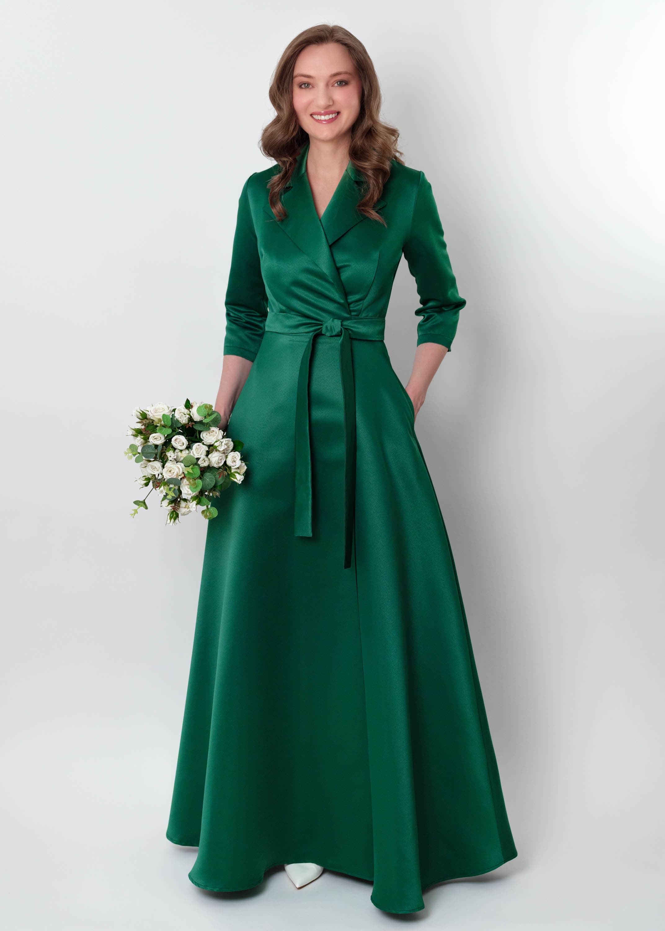 Emerald green wrap satin dress, wrap dress, bridesmaid dress, wedding guest dress, women dress, maxi dress, evening dress, long dress