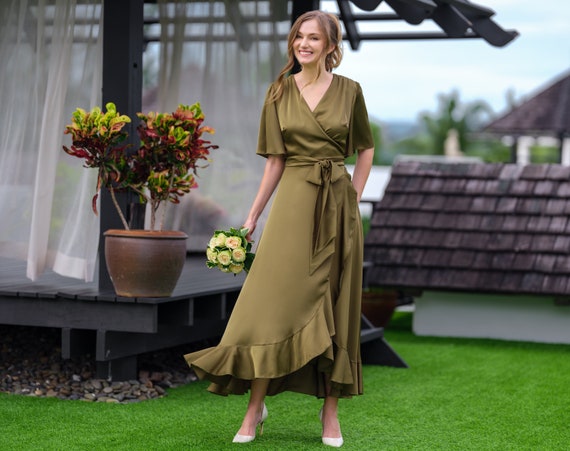olive green wrap dress Olive Satin Wrap Tie Angel Sleeve Maxi Dress – InTheStyle