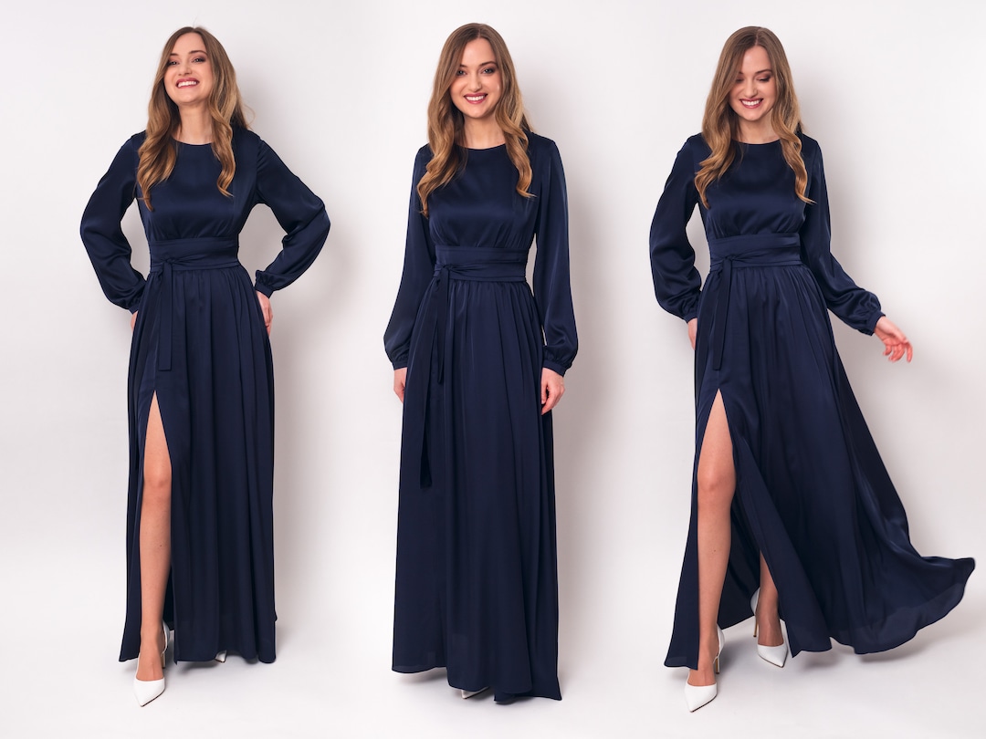 Navy Blue Silk Dress With Belt, Long Slit Dress, Bridesmaid Dress