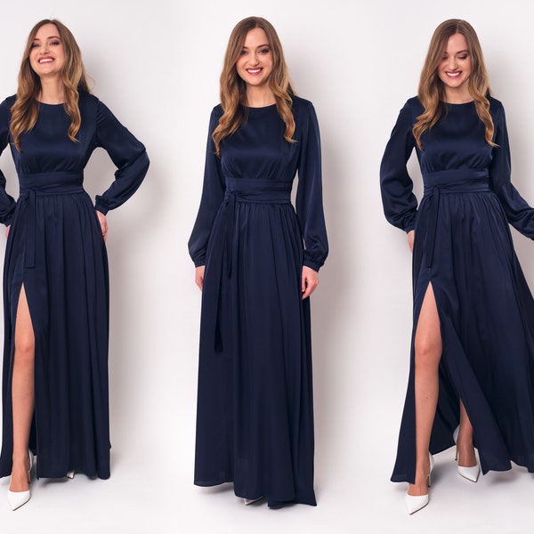 Navy blue silk dress with belt, long slit dress, bridesmaid dress, wedding guest dress, maxi dress, evening dress, formal dress