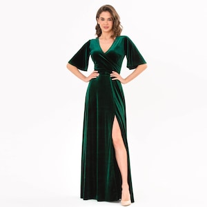 Emerald green velvet long slit dress, bridesmaid velvet dress, wedding guest dress, velvet slit wrap dress, maxi dress, evening dress,