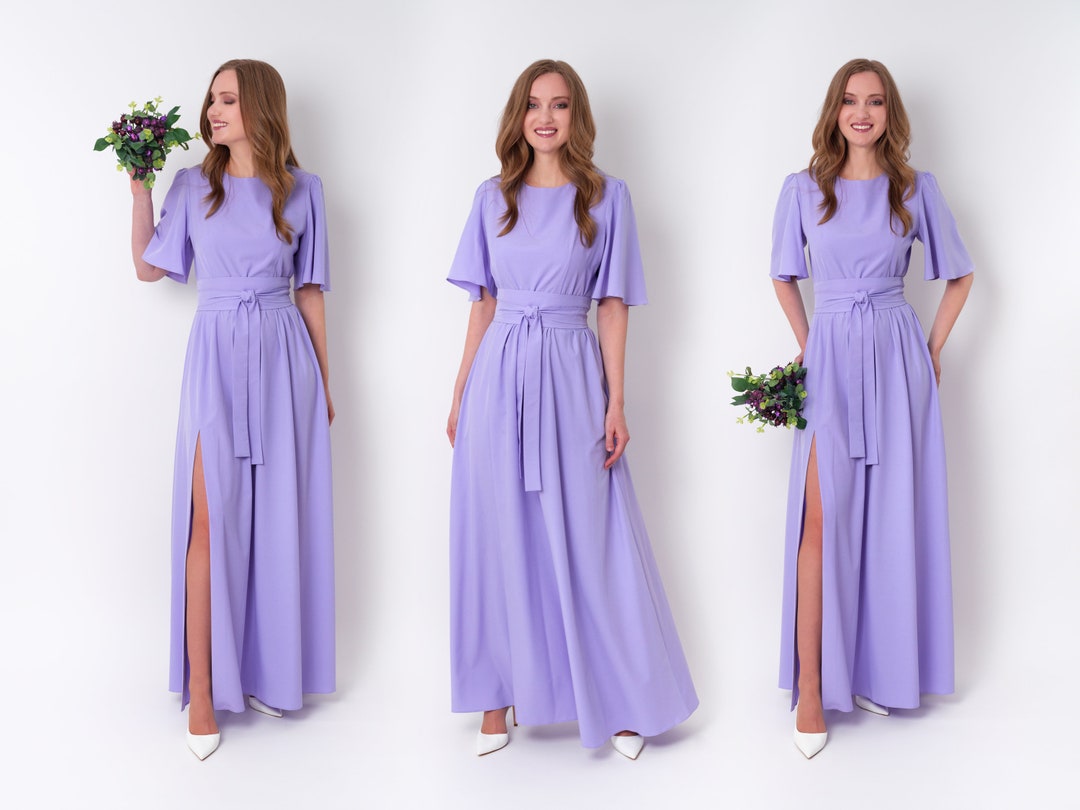 2968 Purple Lace Detail Cross Strap Slit Dress