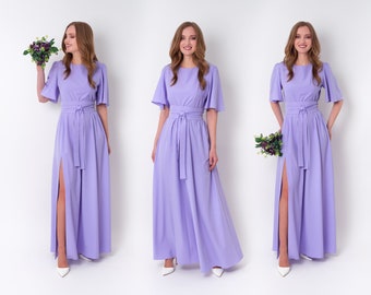 Light purple long slit dress with belt, bridesmaid dress, cocktail dress, wedding guest dress, maxi party dress, formal dress, prom dress
