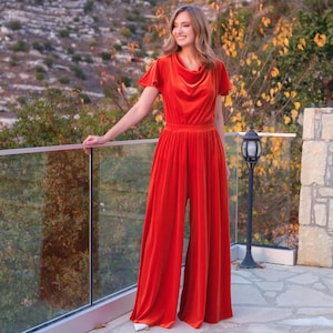 Velvet jumpsuit | Rust orange jumpsuit | Perfect for Holidays, Parties & Special Events | Wedding guest jumpsuit | Evening jumpsuit