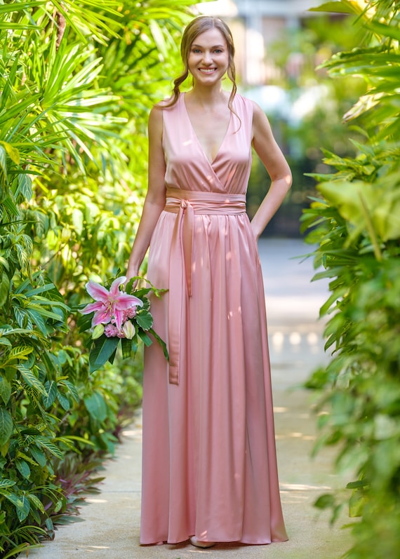 Blush pink dress with belt, long slit dress, bridesmaid dress, wedding guest dress, maxi dress, evening dress, formal dress
