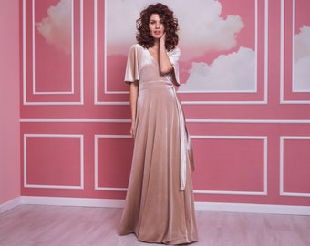 Robe longue en velours beige champagne, robe vintage, robe de mariée, robe de demoiselles d’honneur, robe de velours pour femmes, robe longue en velours, robe luxueuse, robe de mariée