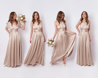 Infinity Kleid oder Overall, Champagner Beige Seidenkleid, Brautjungfer Kleid, Seidenkleid, Wickelkleid, Wandelbares Kleid, Multiway Kleid