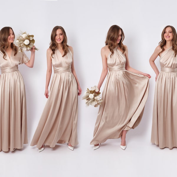 Infinity dress or jumpsuit, champagne beige silk dress, bridesmaid dress, silk dress, wrap dress, convertible dress, multiway dress