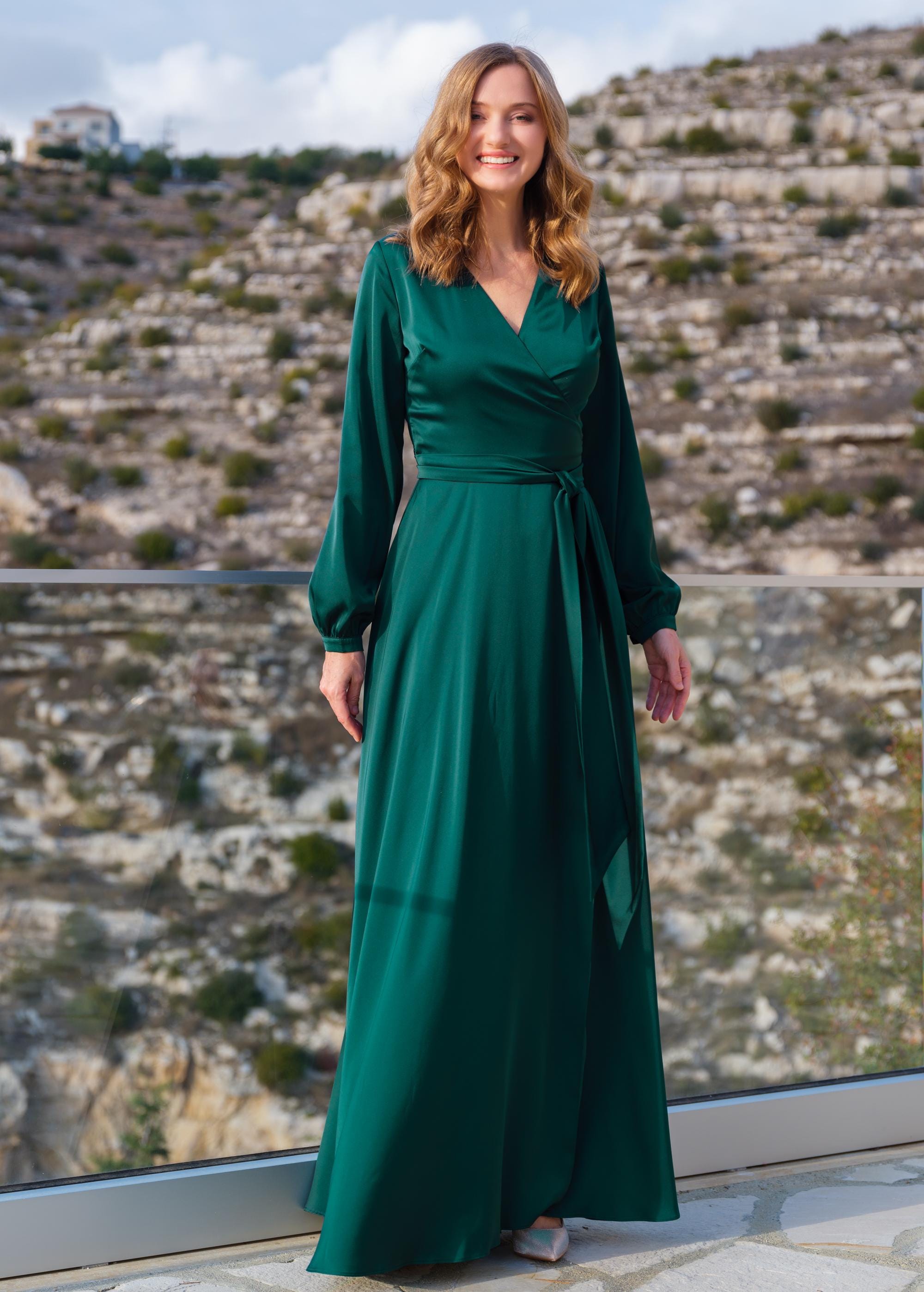 Royal Emerald Green Black Tie Dress Elegant Satin Ruffle Wrap-style Maxi  Dress  Likemychoice