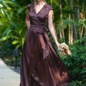 Chocolate brown silk dress, silk dress, wrap dress, bridesmaid dress, wedding guest dress, women dress, evening dress, long dress image 7