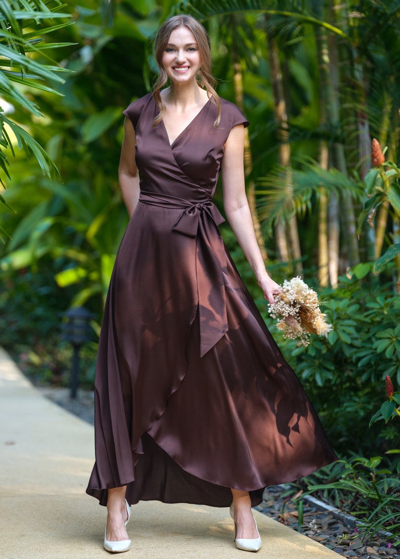 Chocolate brown silk dress, silk dress, wrap dress, bridesmaid dress, wedding guest dress, women dress, evening dress, long dress image 7