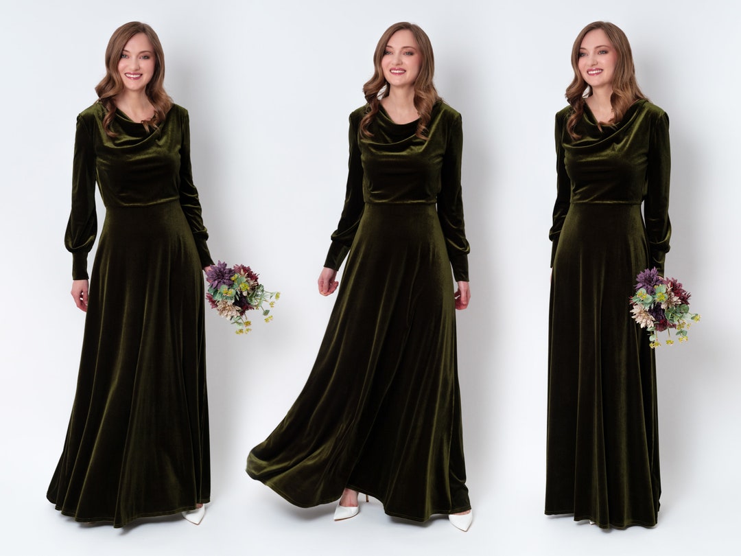 Vestido largo de terciopelo verde oliva: elegante vestido de manga larga,  invitada de boda de otoño, dama de honor modesta, madre de la novia o del  ..., image size:1080x810