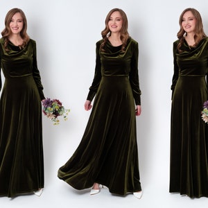Vestido largo de terciopelo verde oliva: elegante vestido de manga larga, ideal para invitadas de boda de otoño y damas de honor discretas.