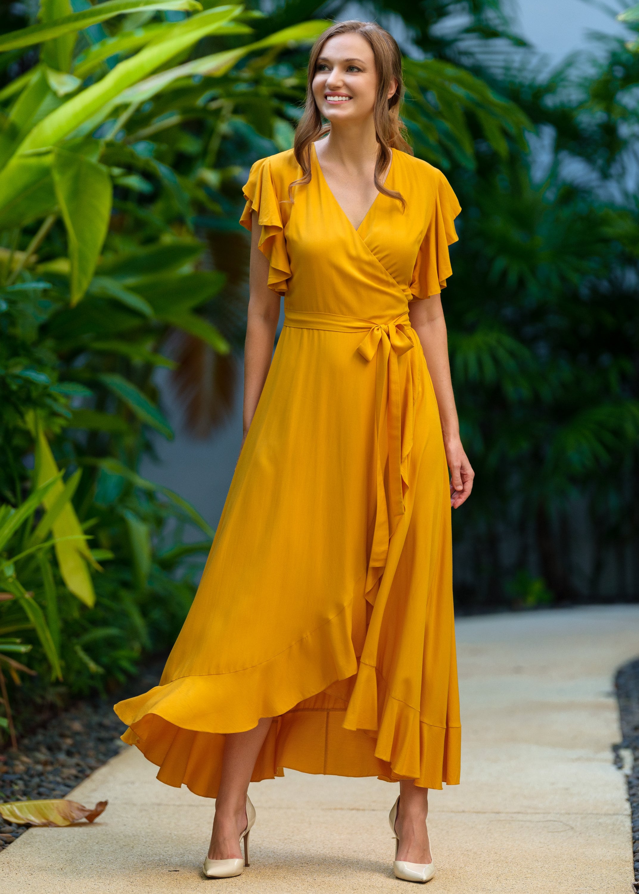 Yellow Best Ready Made Dresses For Ladies Honey Yellow Romantic Wrap Dress, Bridesmaids Dress, Maxi Dress Yellow Best Ready Made Dresses For Ladies Honey Yellow Romantic Wrap Dress, Bridesmaids Dress, Maxi Dress