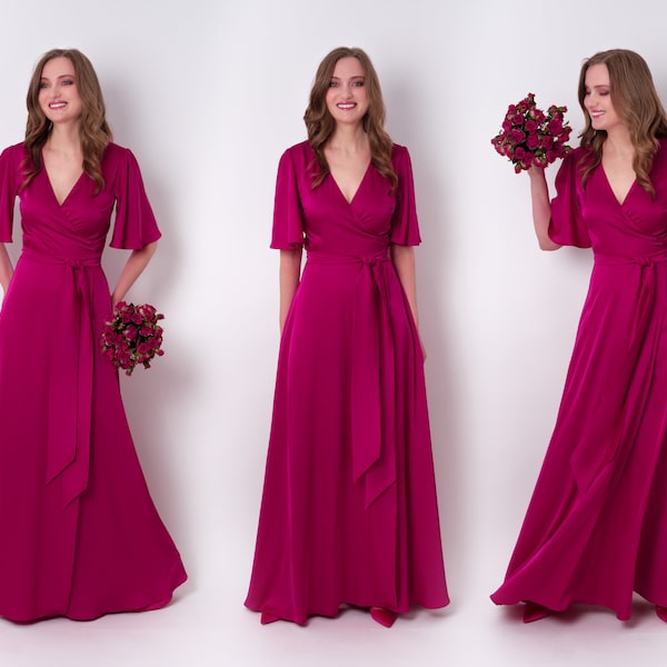 Vestido de seda fucsia, vestido de dama de honor, vestido de invitada de boda, vestido cruzado, regalo de dama de honor, vestido largo, vestido de noche, vestido largo