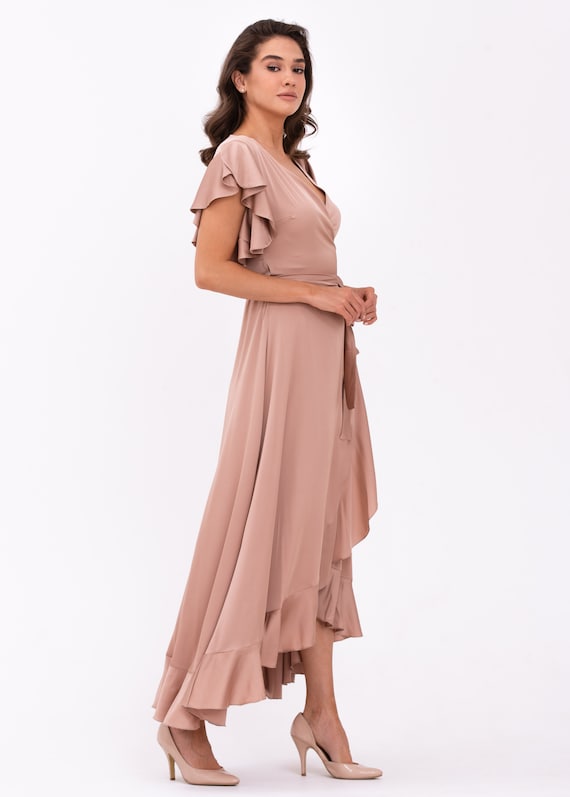 Rose gold dress, silk dress, wrap dress, bridesmaid dress, wedding guest dress, women dress, maxi dress, evening dress, long dress Rose gold dress, silk dress, wrap dress, bridesmaid dress, wedding guest dress, women dress, maxi dress, evening dress, long dress