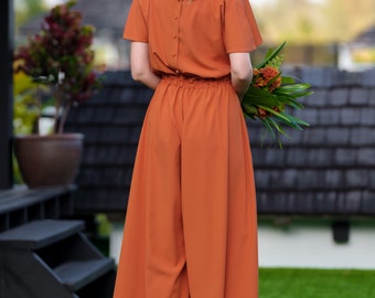 Rust Orange Crepe Jumpsuit, Bridesmaid Jumpsuit, Wedding Guest