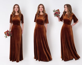 Rust gold velvet long dress, bridesmaid velvet dress, wedding guest dress, velvet gown, velvet slit dress, maxi dress, evening dress