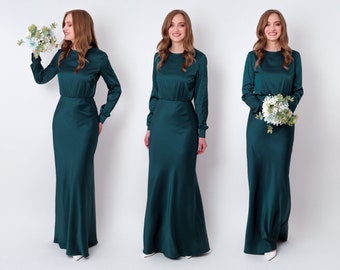 Robe longue en soie vert sarcelle foncé, robe de demoiselle d'honneur, robe d'invité de mariage, robe de soirée, robe à manches longues, tenue de mariée, robe longue