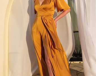Silk gold wrap dress | Elegant satin gown for weddings, bridesmaids & special occasions | Custom made dress | Wedding guest outfit Silk gold wrap dress | Elegant satin gown for weddings, bridesmaids & special occasions | Custom made dress | Wedding guest outfit