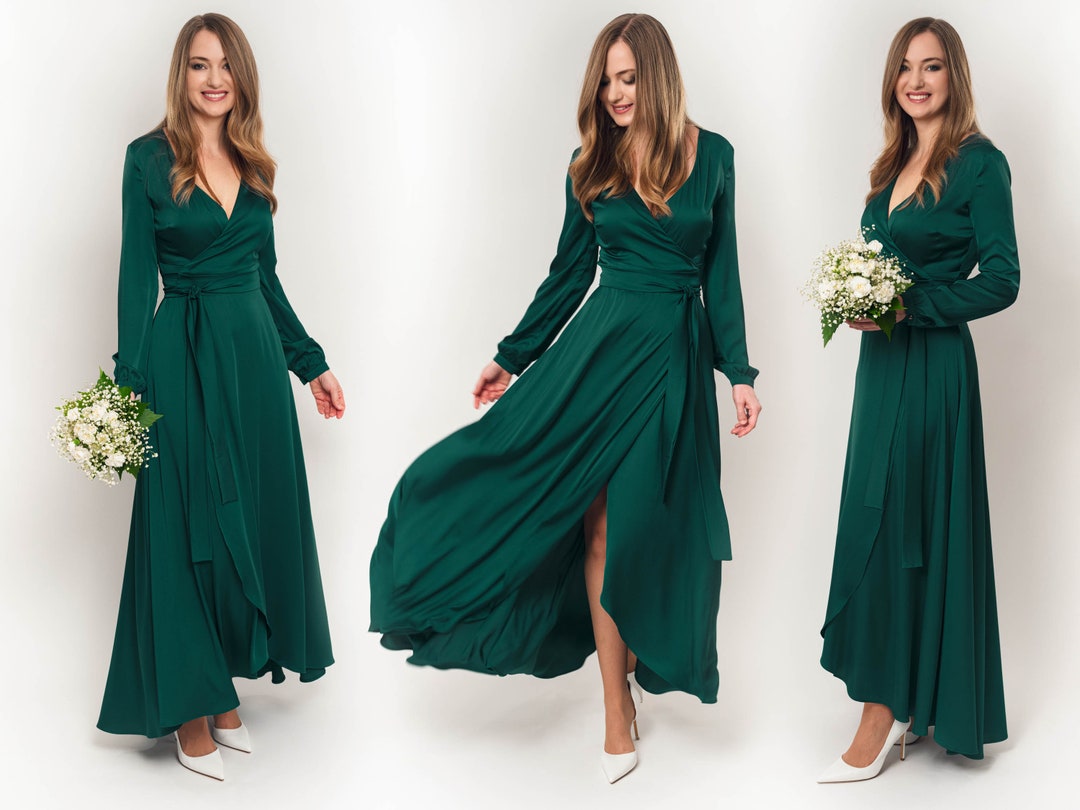 Dark Green Silk Dress, Silk Dress, Wrap Dress, Bridesmaid Dress, Wedding Guest Dress, Women