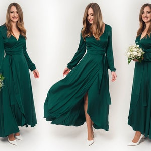 Dark green silk dress, silk dress, wrap dress, bridesmaid dress, wedding guest dress, women dress, maxi dress, evening dress, long dress