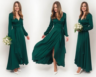Dark green silk dress, silk dress, wrap dress, bridesmaid dress, wedding guest dress, women dress, maxi dress, evening dress, long dress