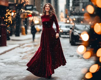 Velvet dress | Burgundy long dress | Long sleeve floor-length gown | Perfect for Holiday Parties, Winter Weddings & Special Occasions
