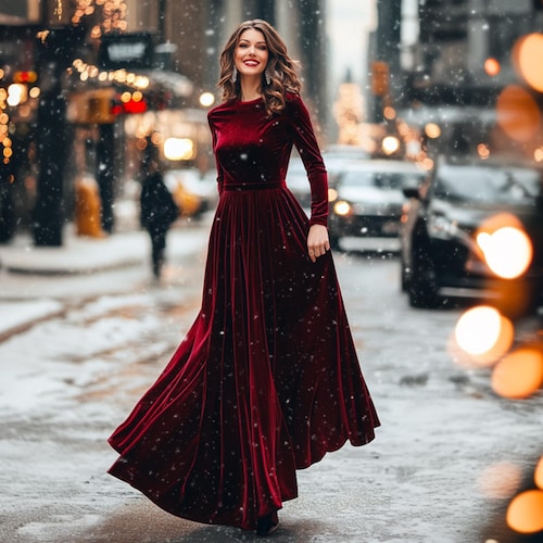 winter maroon dresses Burgundy Wool Winter Dress - Fit & Flare Long Sleeve | Xiaolizi 4837