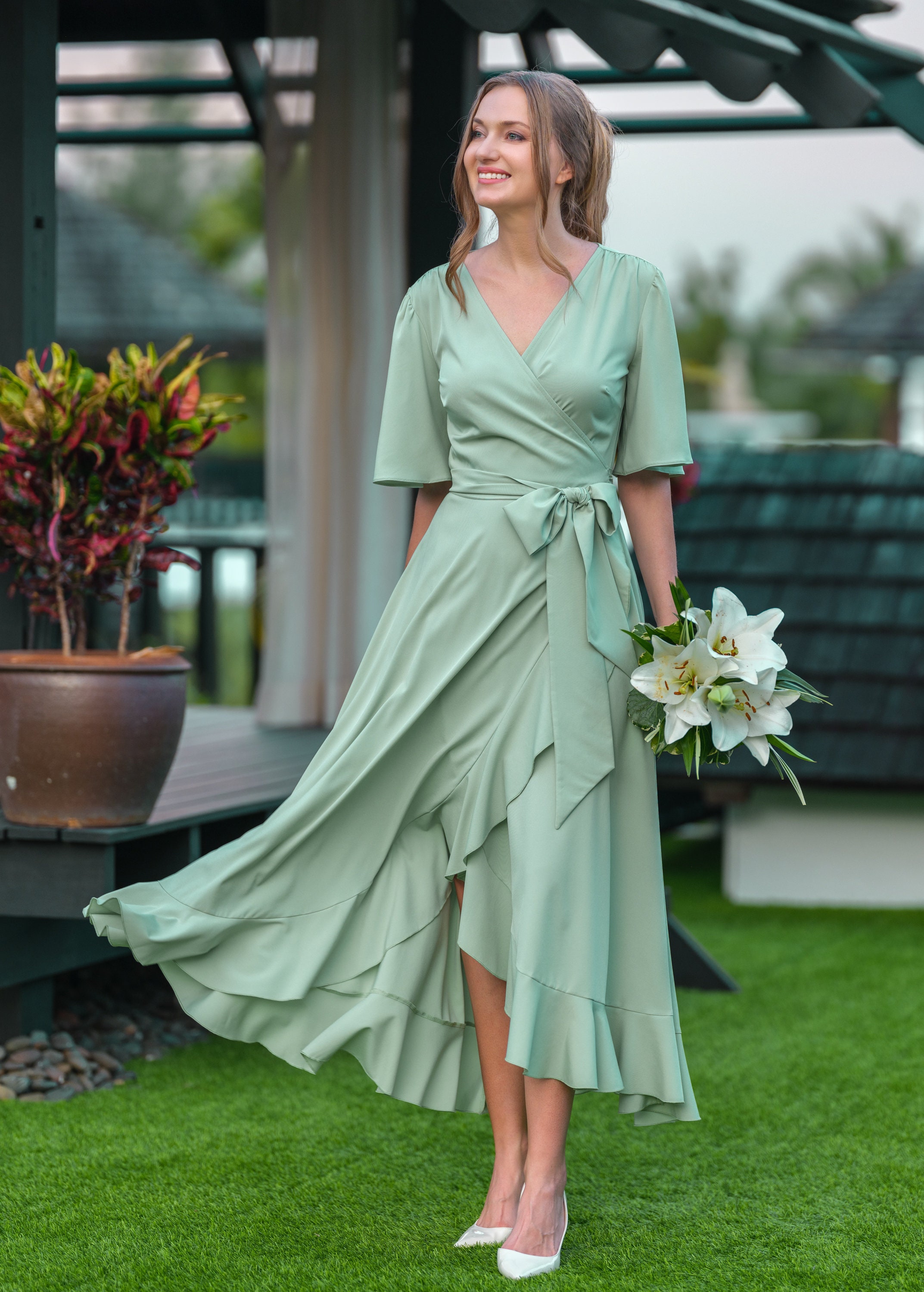 Sage green long wrap crepe dress, bridesmaid dress, wedding guest dress, formal dress, cocktail dress, evening dress, ruffle dress