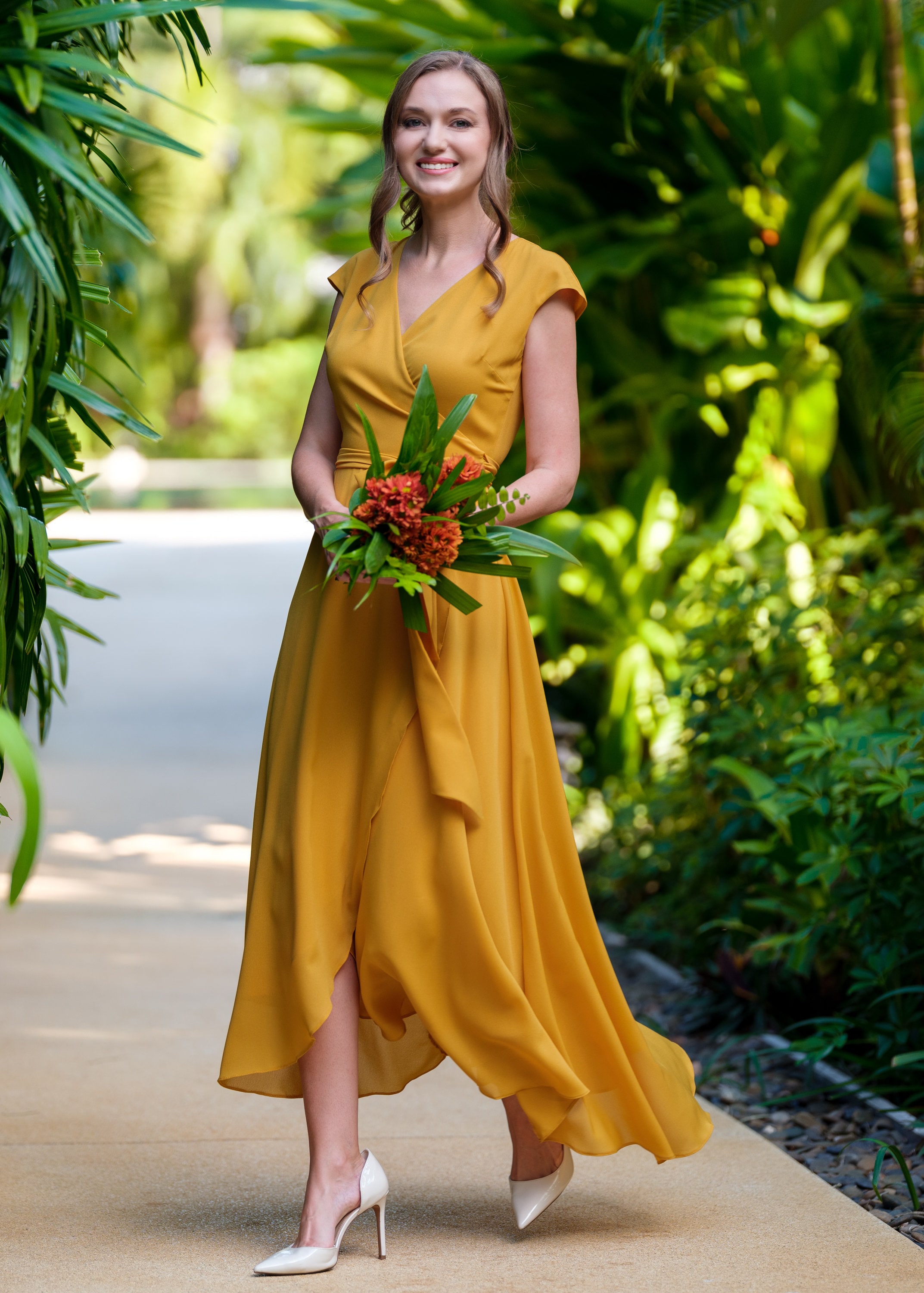 Gold Chiffon Wrap Bridesmaid Dress, Wedding Guest, Formal Evening Gown