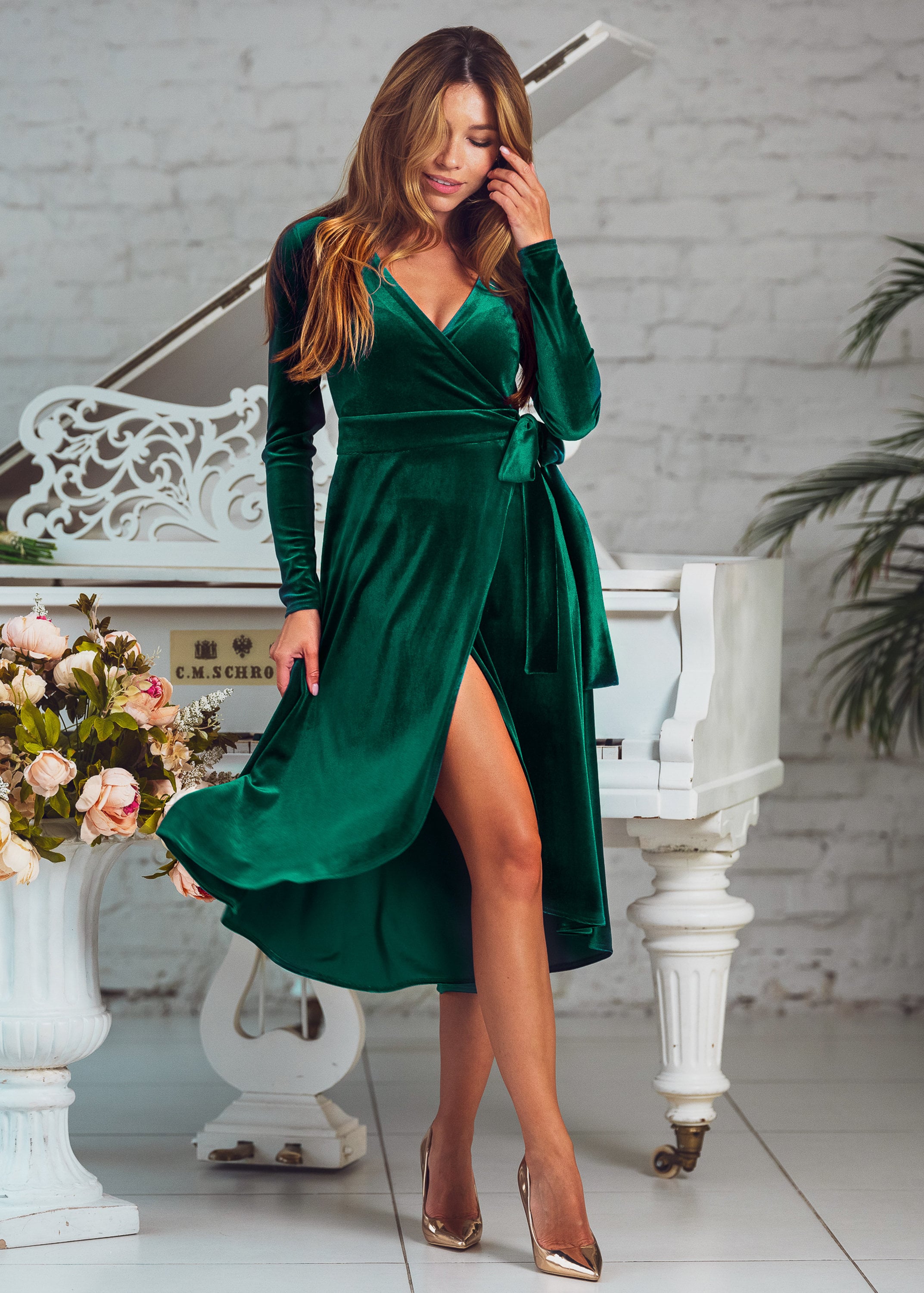 Velvet Emerald Green Wrap Dress With Long Sleeves: Fall and Winter Special  Occasion, Christmas, Plus Size - Etsy