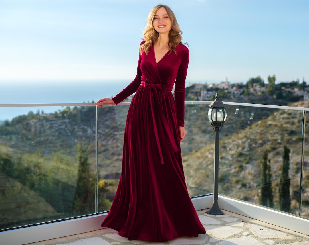 Velvet long dress in Burgundy: with long sleeves floor length gown, for Holiday Parties, Fall Winter Weddings and Special Occasions